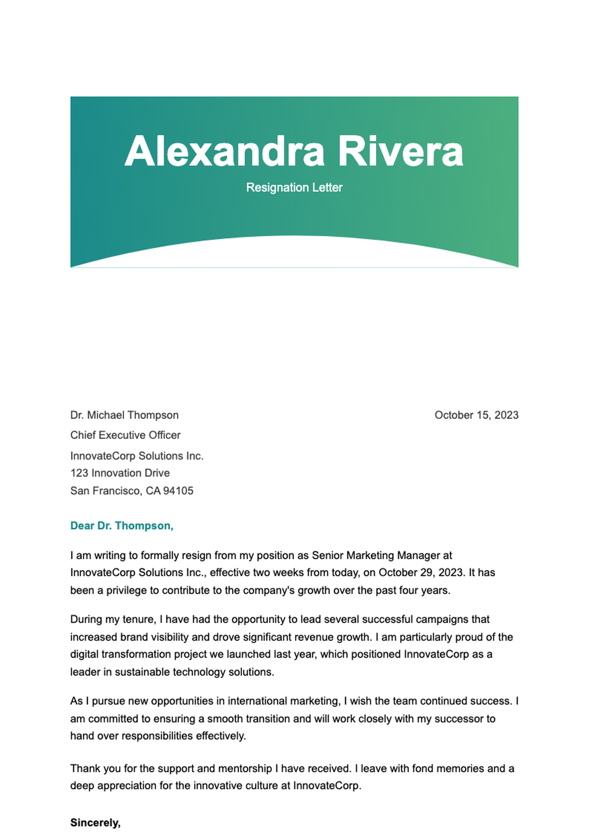 Professional resignation letter with green header and contact details_variant_1